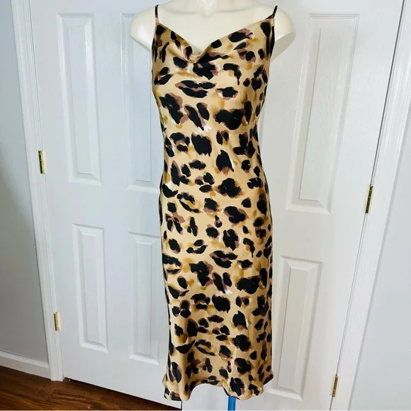 FOREVER 21 Dress ANIMAL PRINT dress PARTY DRESS slip dress flouncy tan black S - Picture 9 of 9